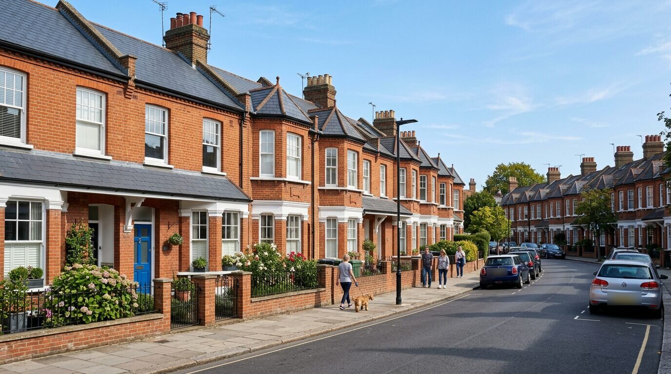 Victorian terraced houses in London with neat slate roofs