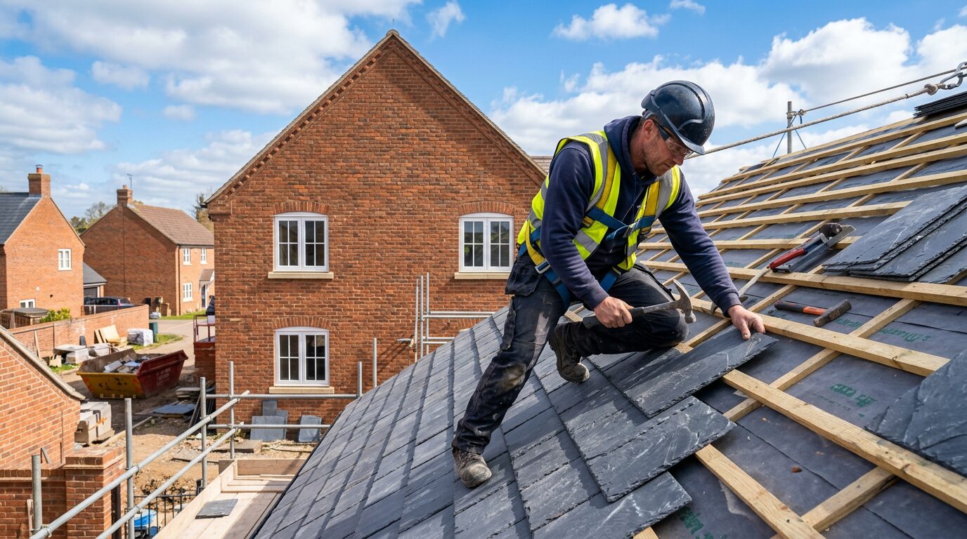 Roofer in safety harness laying new slates on a UK pitched roof
