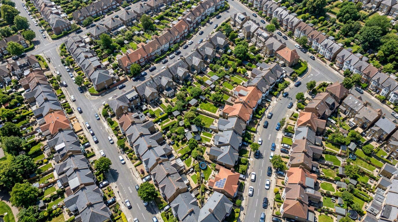 Aerial view of UK suburban rooftops with slate and clay tiles